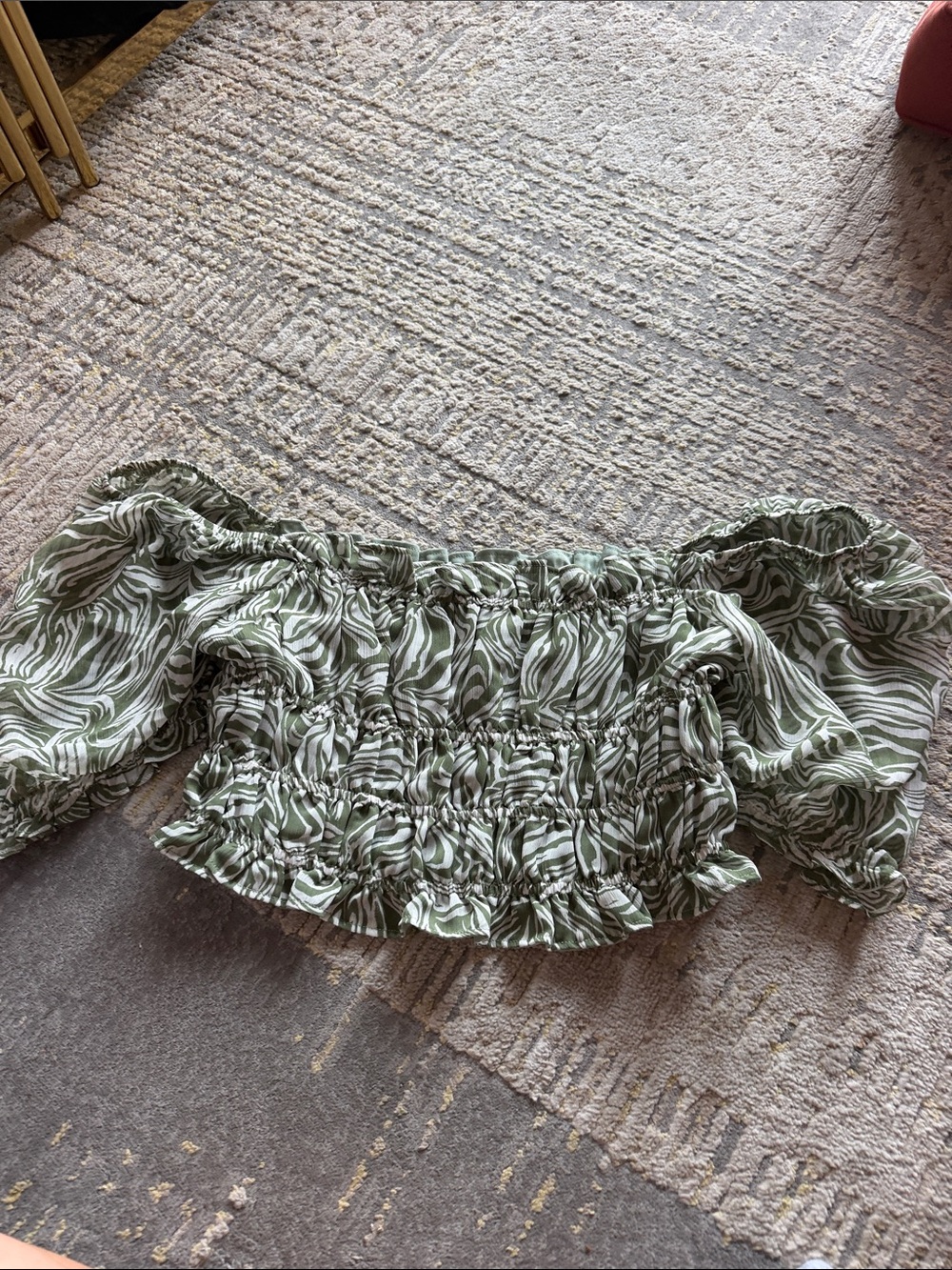 En Saison Olive Zebra Smocked Off-Shoulder Crop Top